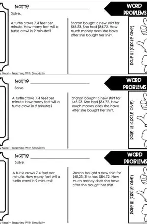 5th Grade Decimals – Word Problems Exit Ticket 2