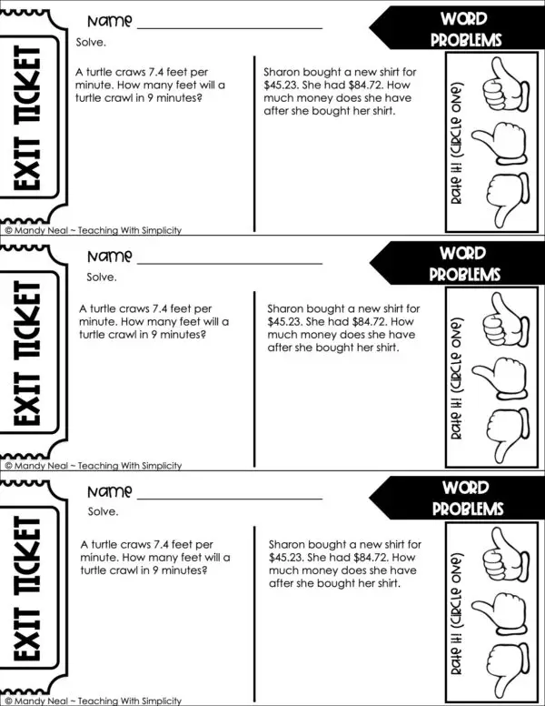 5th Grade Decimals – Word Problems Exit Ticket 2