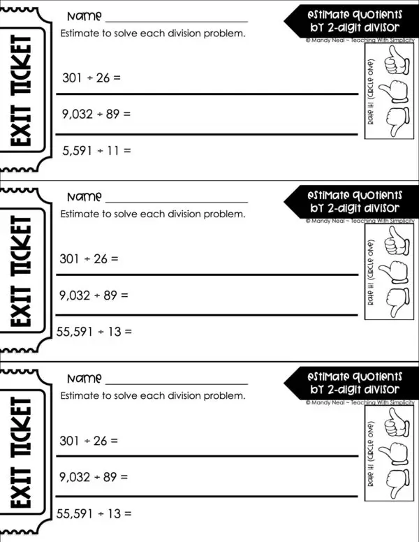 5th Grade Division – Estimate Quotients by 2-Digit Divisor Exit Ticket 1