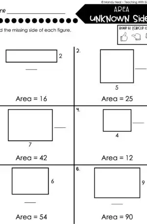 3rd Grade Area and Perimeter – Area with Unknown Side Worksheet 1