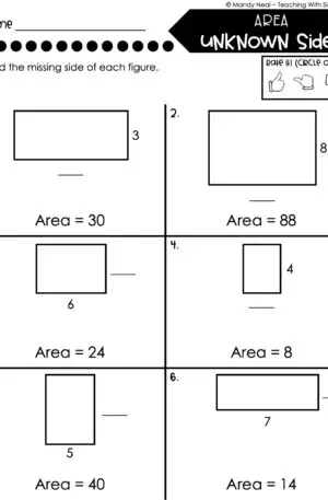 3rd Grade Area and Perimeter – Area with Unknown Side Worksheet 2