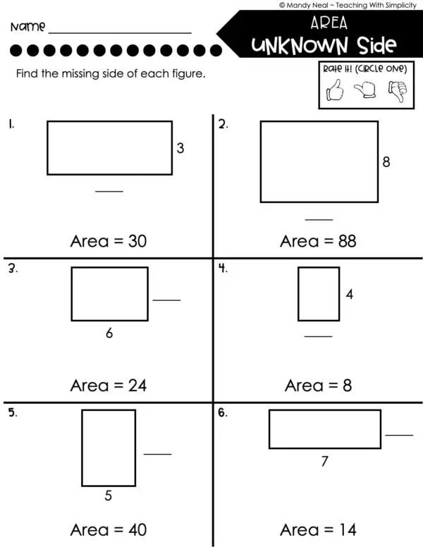 3rd Grade Area and Perimeter – Area with Unknown Side Worksheet 2