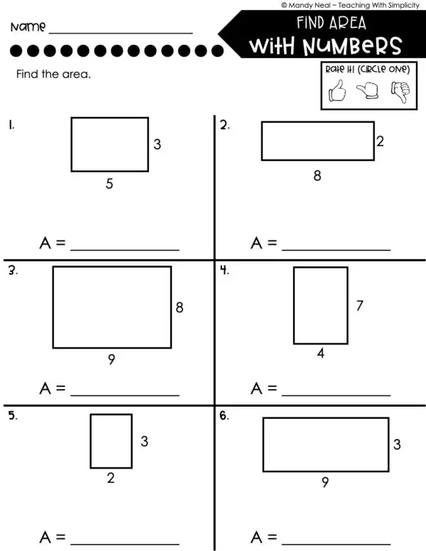 3rd Grade Area and Perimeter – Find Area with Numbers Worksheet 1