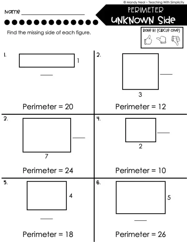 3rd Grade Area and Perimeter – Perimeter with Unknown Side Worksheet 1