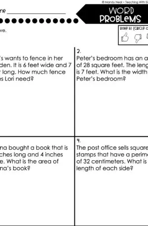 3rd Grade Area and Perimeter – Word Problems Worksheet 1