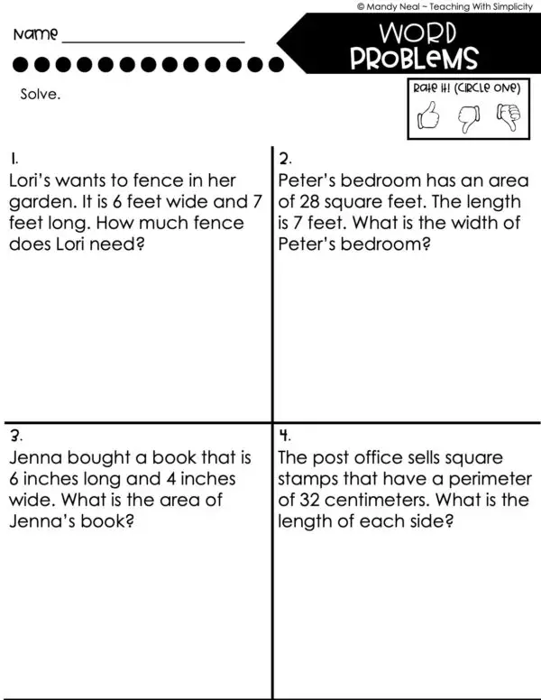 3rd Grade Area and Perimeter – Word Problems Worksheet 1