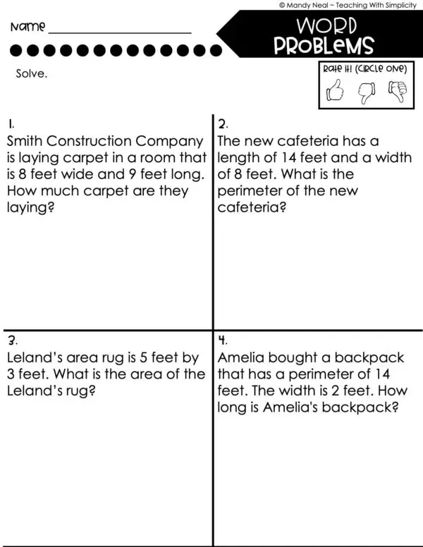 3rd Grade Area and Perimeter – Word Problems Worksheet 2