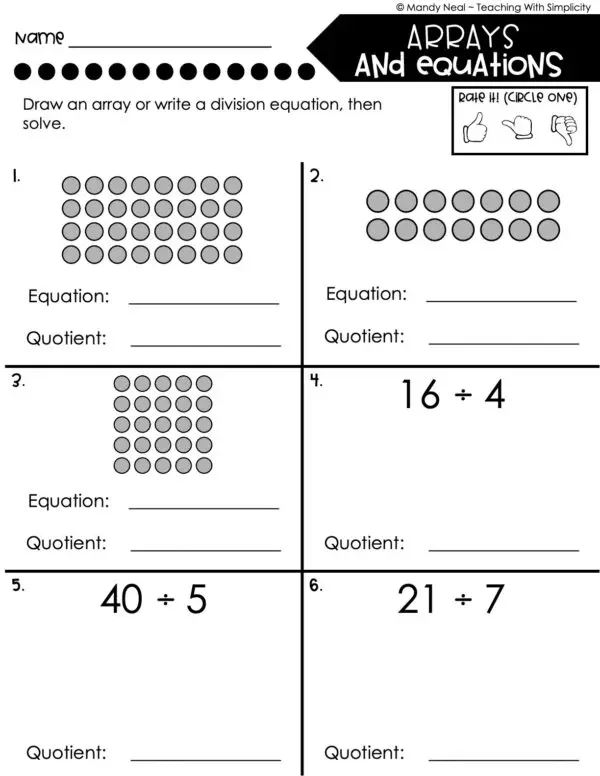 3rd Grade Division – Arrays and Equations Worksheet 3