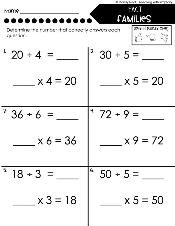 3rd Grade Division – Fact Families Worksheet 1