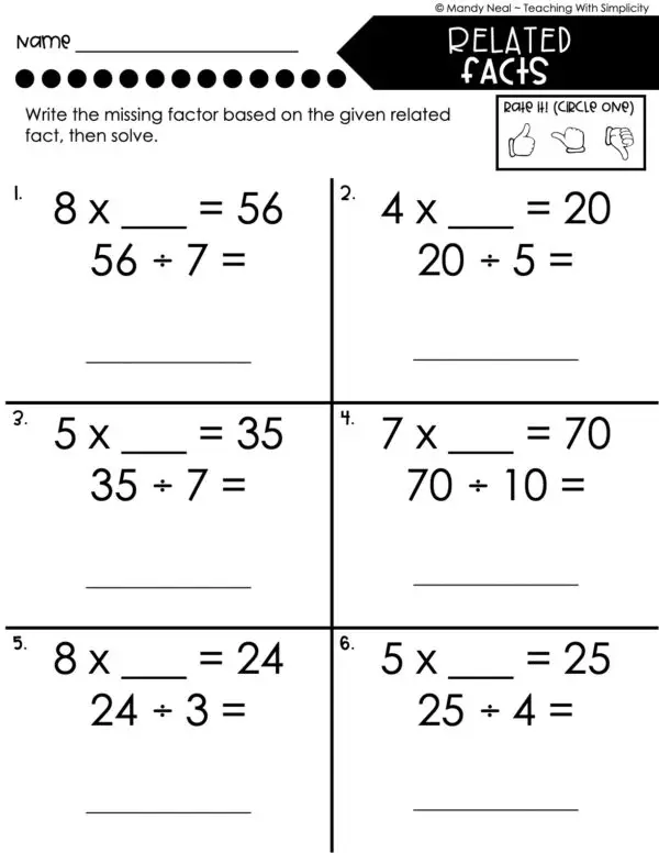 3rd Grade Division – Related Facts Worksheet 1