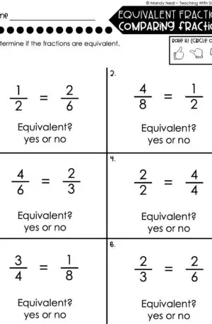 3rd Grade Fractions – Equivalent Fractions - Comparing Fractions Worksheet 1