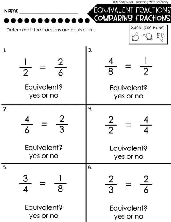 3rd Grade Fractions – Equivalent Fractions - Comparing Fractions Worksheet 1