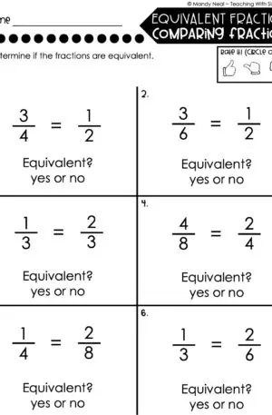 3rd Grade Fractions – Equivalent Fractions - Comparing Fractions Worksheet 2