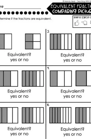 3rd Grade Fractions – Equivalent Fractions - Comparing Pictures Worksheet 1