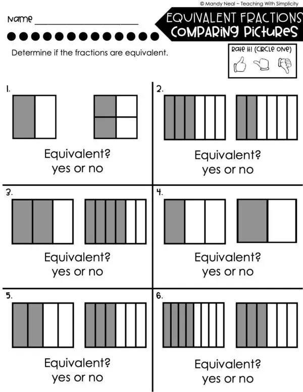 3rd Grade Fractions – Equivalent Fractions - Comparing Pictures Worksheet 1