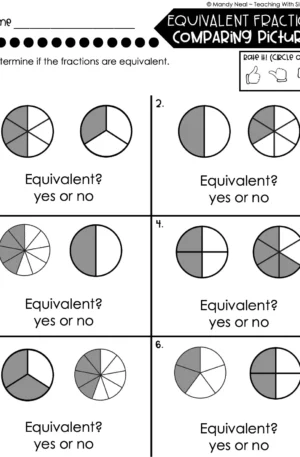 3rd Grade Fractions – Equivalent Fractions - Comparing Pictures Worksheet 2