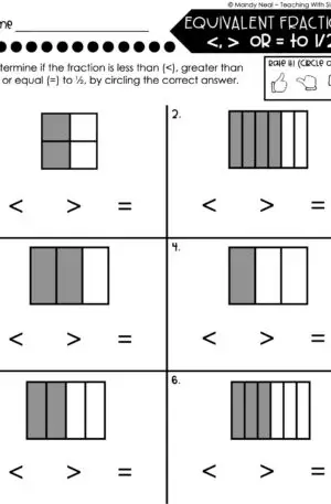 3rd Grade Fractions – Equivalent Fractions - Less Than, Greater Than, Equal To, or Half Worksheet 2