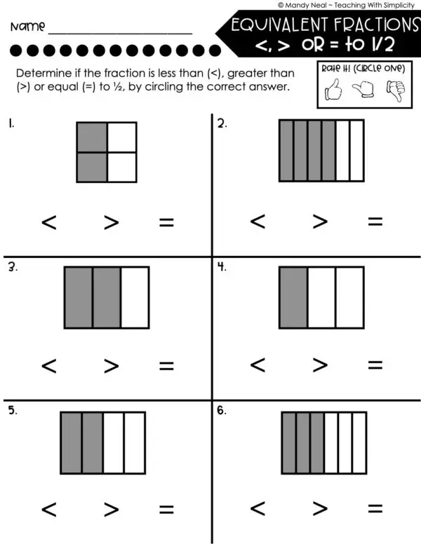 3rd Grade Fractions – Equivalent Fractions - Less Than, Greater Than, Equal To, or Half Worksheet 2