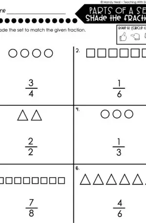 3rd Grade Fractions – Parts of a Set - Shade the Fraction Worksheet 2