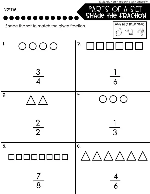 3rd Grade Fractions – Parts of a Set - Shade the Fraction Worksheet 2