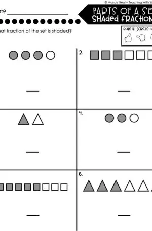 3rd Grade Fractions – Parts of a Set - Shaded Fractions Worksheet 1