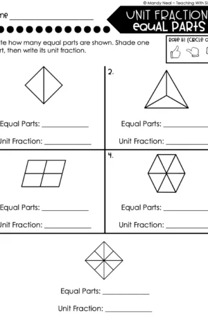 3rd Grade Fractions – Unit Fractions - Equal Parts Worksheet 1