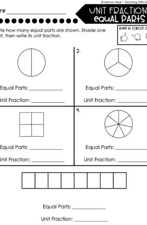 3rd Grade Fractions – Unit Fractions - Equal Parts Worksheet 2