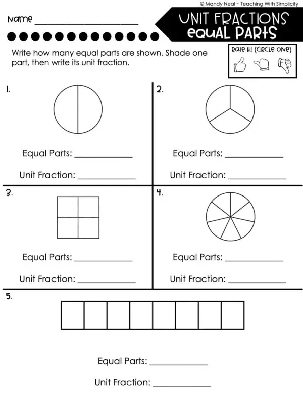 3rd Grade Fractions – Unit Fractions - Equal Parts Worksheet 2