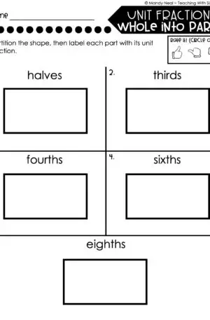 3rd Grade Fractions – Unit Fractions - Whole Into Parts Worksheet 2