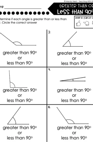 3rd Grade Geometry – Greater Than or Less Than 90 Degrees Worksheet 1