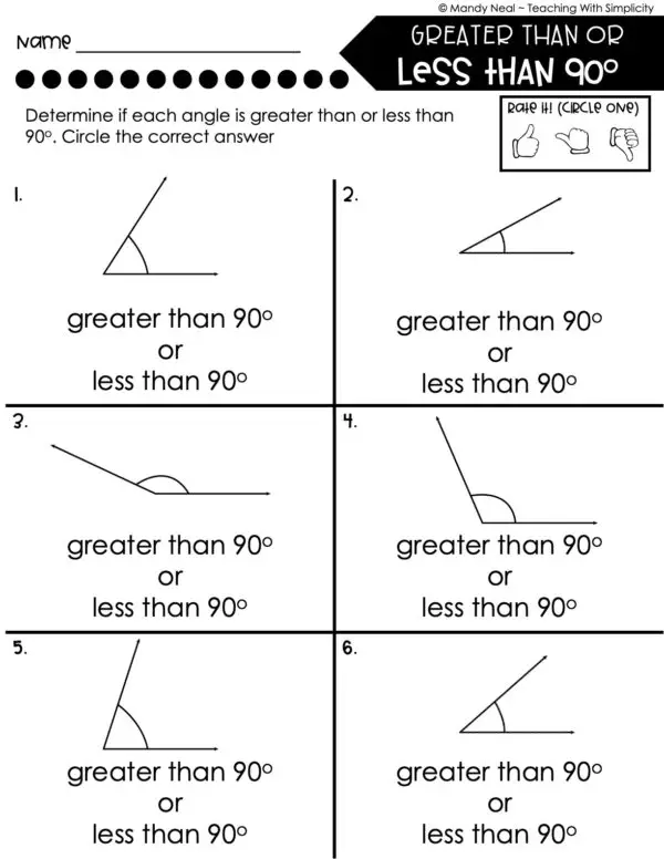 3rd Grade Geometry – Greater Than or Less Than 90 Degrees Worksheet 2