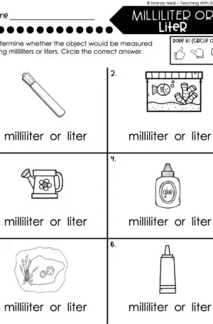 3rd Grade Measurement – Milliliter or Liter Worksheet 1