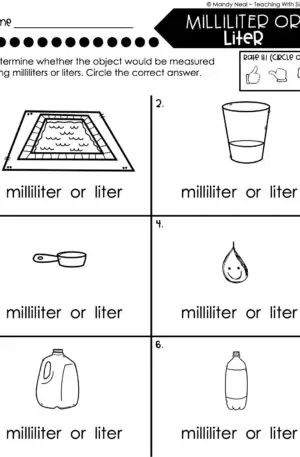 3rd Grade Measurement – Milliliter or Liter Worksheet 2