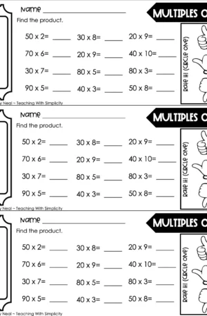 3rd Grade Multiplication – Multiples of 10 Worksheet 2