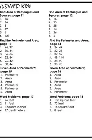 4th Grade Area and Perimeter – Answer Key