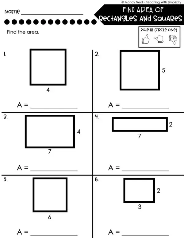 4th Grade Area and Perimeter – Find Area of Rectangles and Squares Worksheet 2