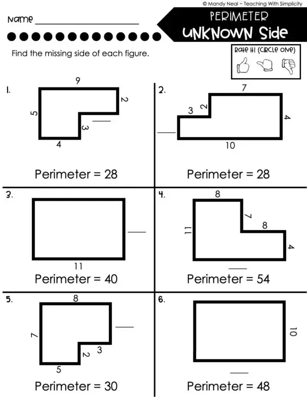 4th Grade Area and Perimeter – Perimeter with an Unknown Side Worksheet 2