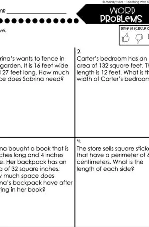 4th Grade Area and Perimeter – Word Problems Worksheet 1