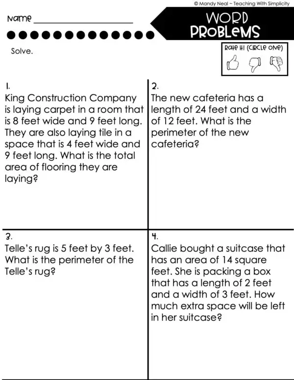 4th Grade Area and Perimeter – Word Problems Worksheet 2