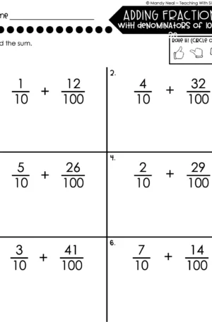 4th Grade Decimals – Adding Fractions with Denominators of 10 and 100 Worksheet 1