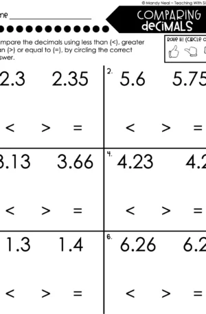 4th Grade Decimals – Comparing Decimals Worksheet 1