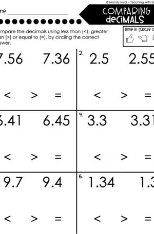 4th Grade Decimals – Comparing Decimals Worksheet 2