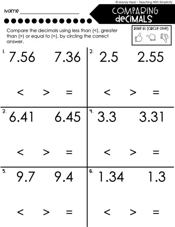 4th Grade Decimals – Comparing Decimals Worksheet 2