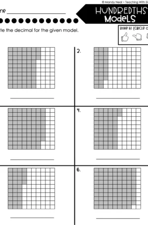 4th Grade Decimals – Hundredths Models Worksheet 1