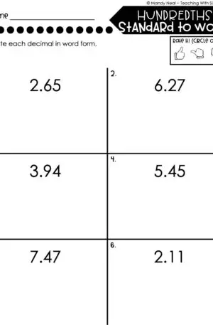 4th Grade Decimals – Hundredths - Standard to Word Worksheet 1