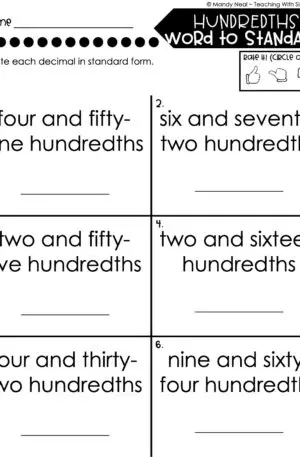 4th Grade Decimals – Hundredths - Word to Standard Worksheet 2