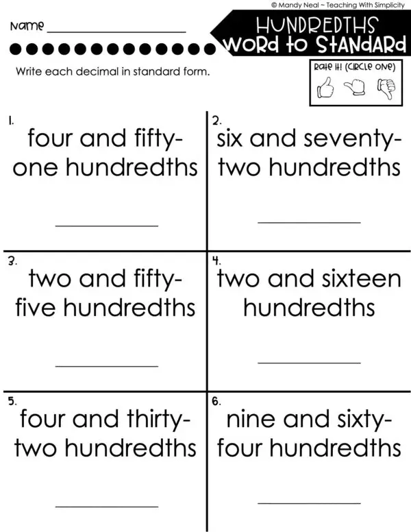 4th Grade Decimals – Hundredths - Word to Standard Worksheet 2