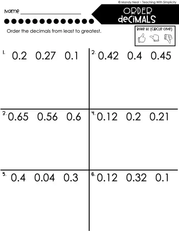 4th Grade Decimals – Ordered Decimals Worksheet 2