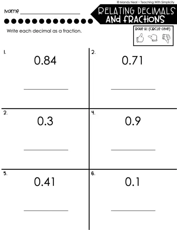 4th Grade Decimals – Relating Decimals and Fractions Worksheet 1