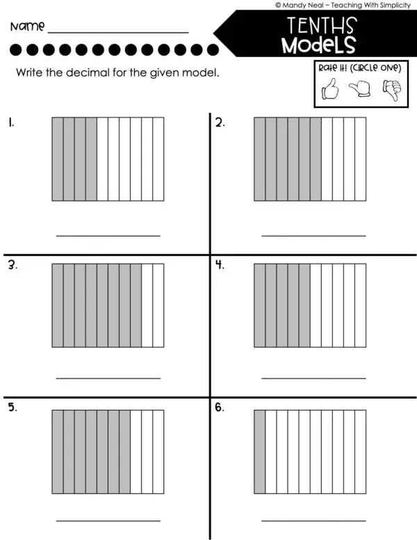 4th Grade Decimals – Tenths Models Worksheet 1